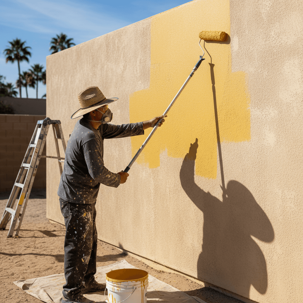 A painter rolling Sherwin-Williams paint onto a sunlit stucco wall