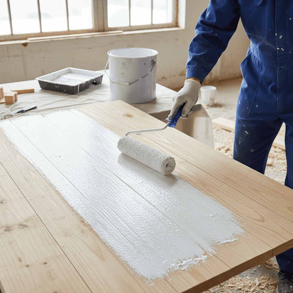 Painter applying primer to a bare wood surface