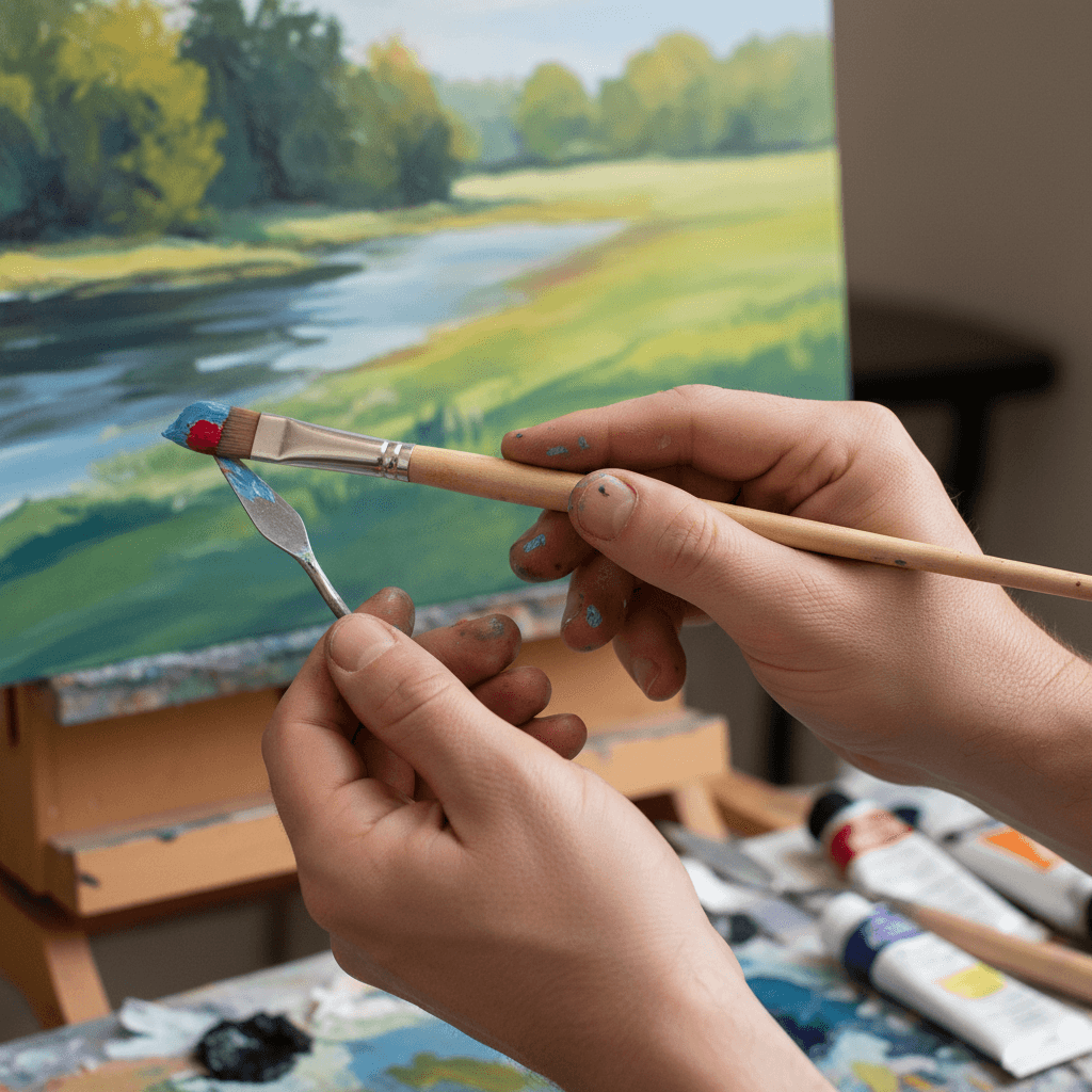 Close-up of painter's hands holding a paintbrush