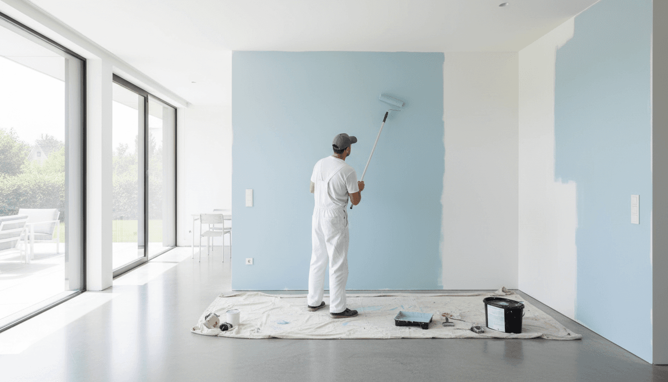 Professional painter applying paint to an interior wall with a roller