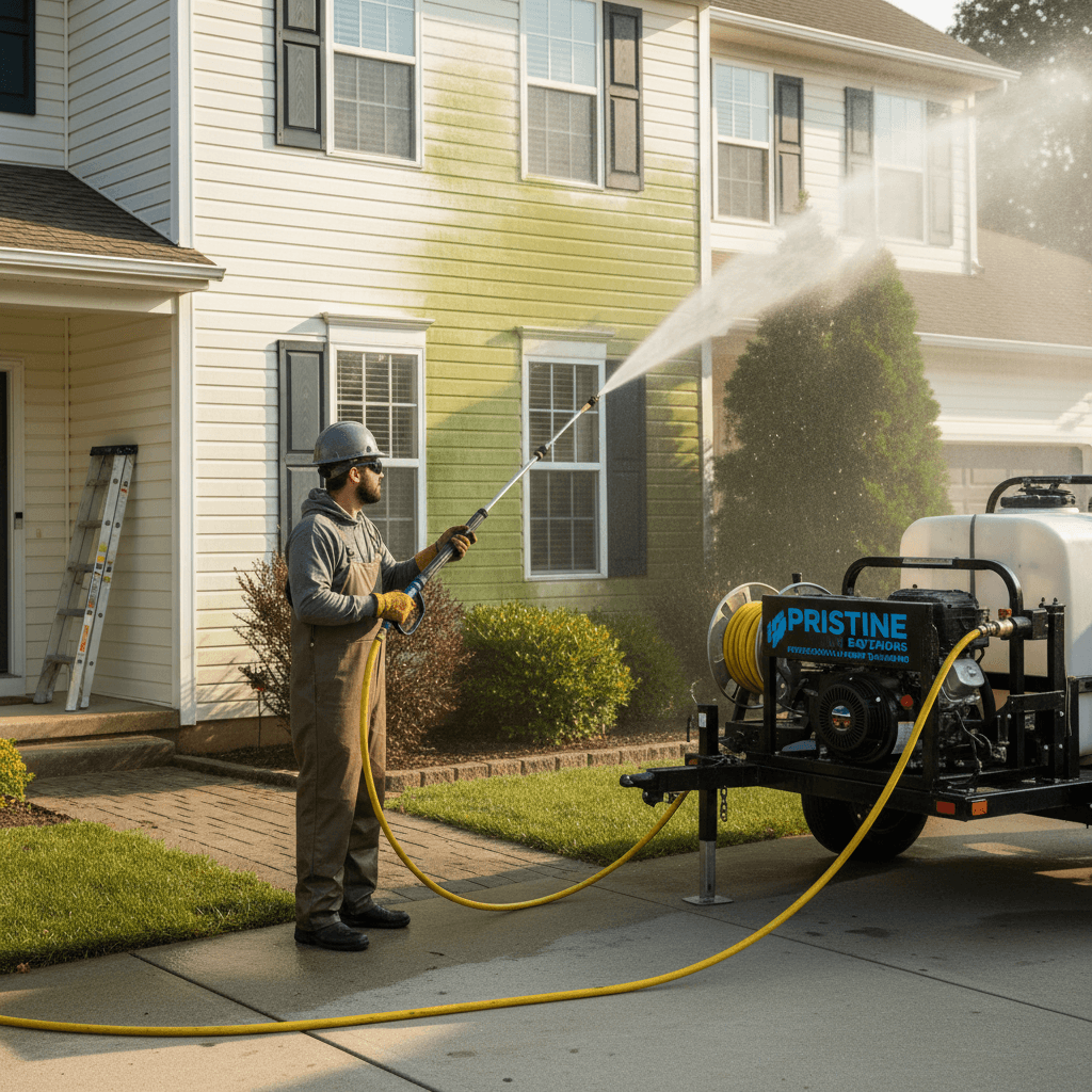Professional pressure washing siding on a house exterior