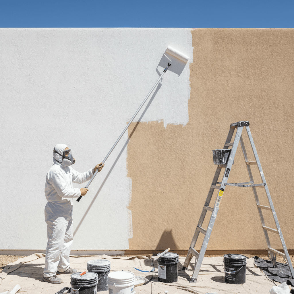 Painter rolling primer onto stucco wall
