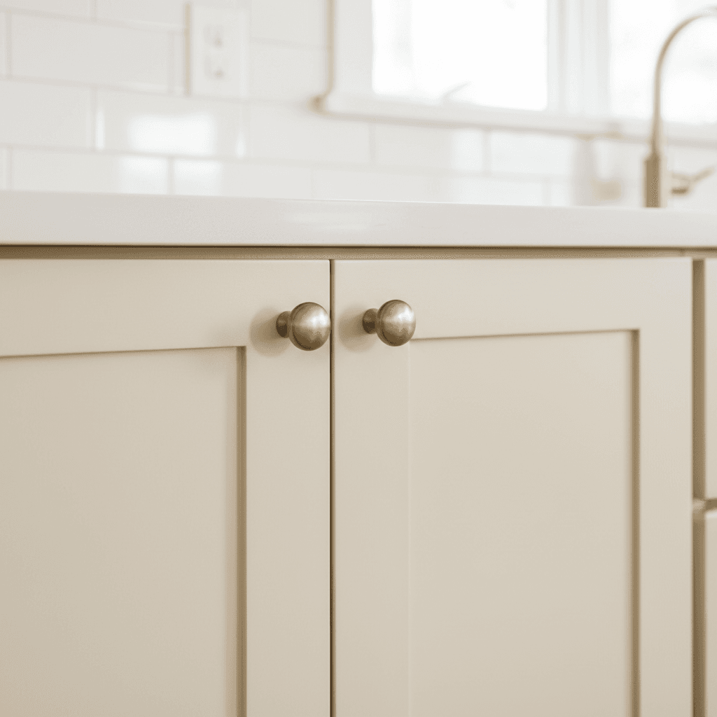 Close-up of a freshly sprayed cabinet door with a smooth, even finish