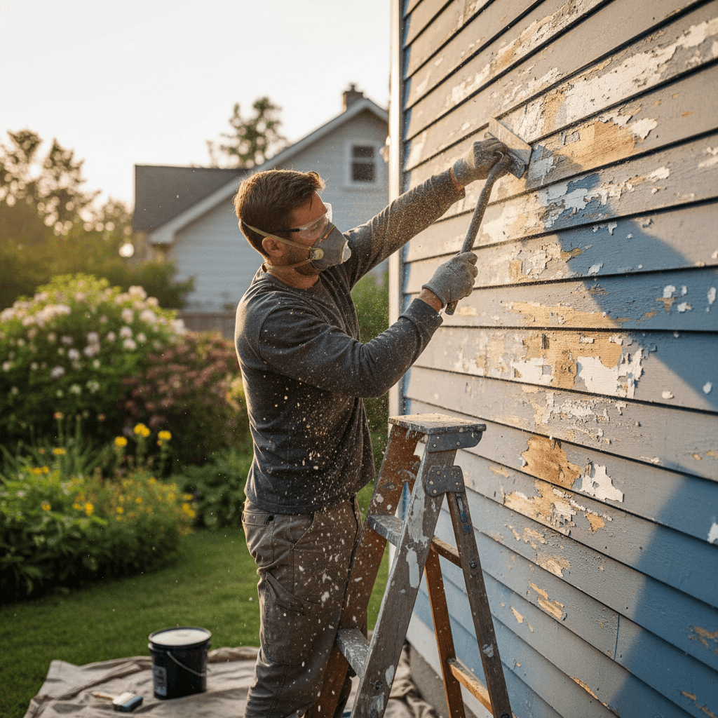 Contractor scraping old paint from exterior wood siding