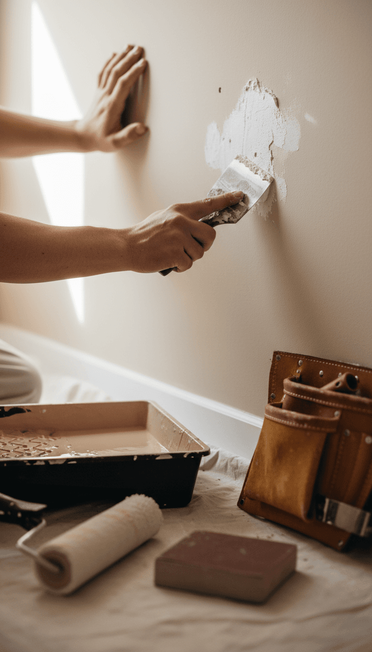 Painter filling nail holes during wall prep in a Gilbert home