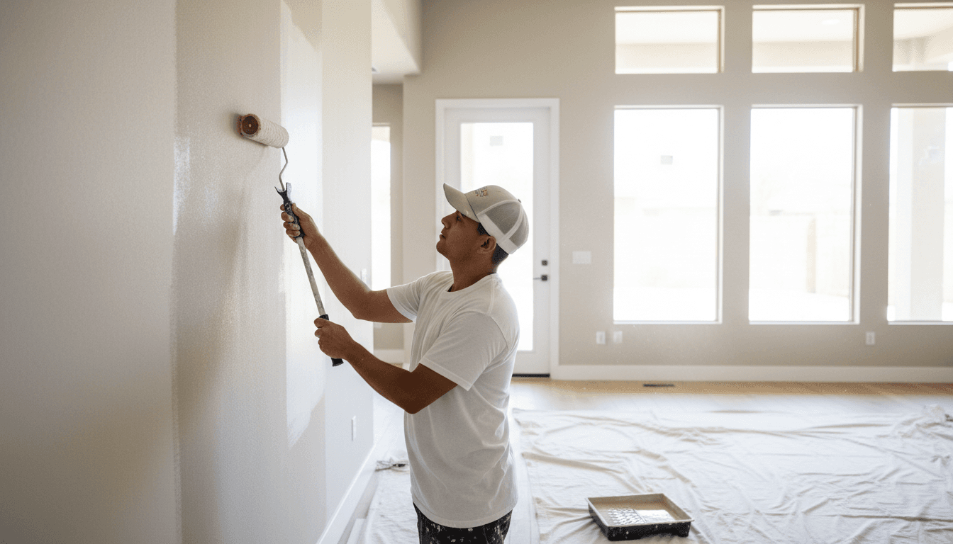 Professional painter applying paint to an interior wall with a roller in a bright Gilbert living room