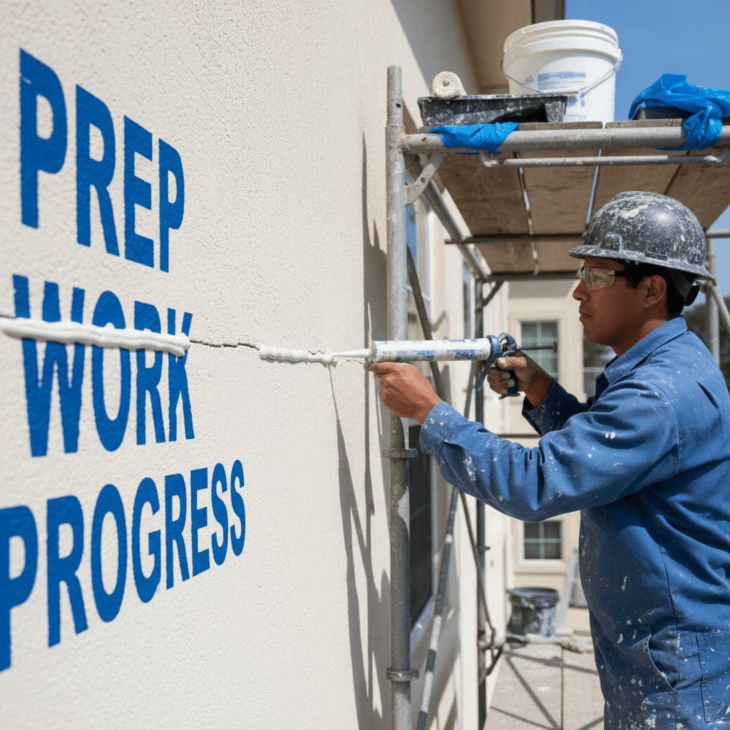 Painter applying caulk to seal a crack on an exterior wall