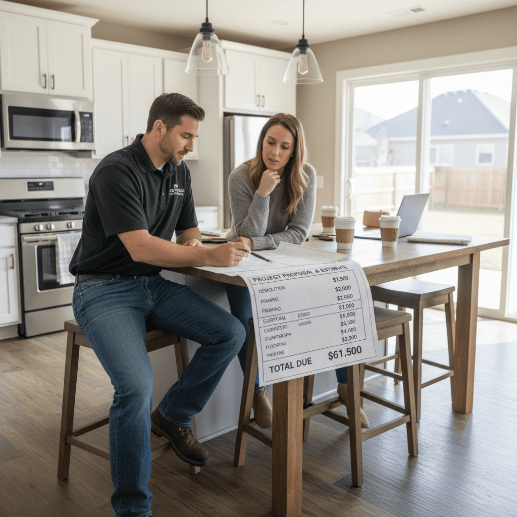 Contractor going over an estimate sheet with a homeowner at a table