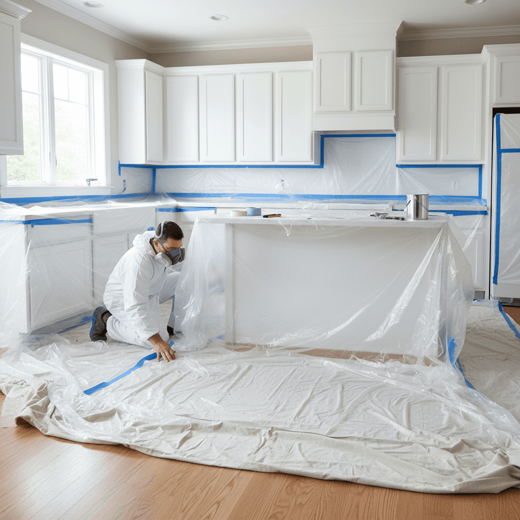 Painter covering a kitchen floor with drop cloths and plastic