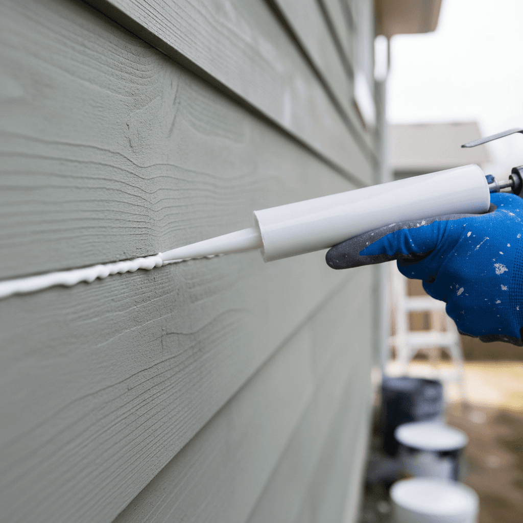 Painter caulking seam between horizontal lap siding boards