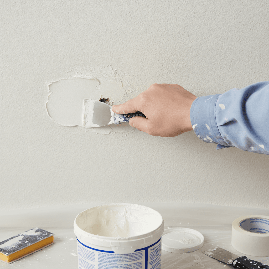Painter patching a small hole in a drywall surface