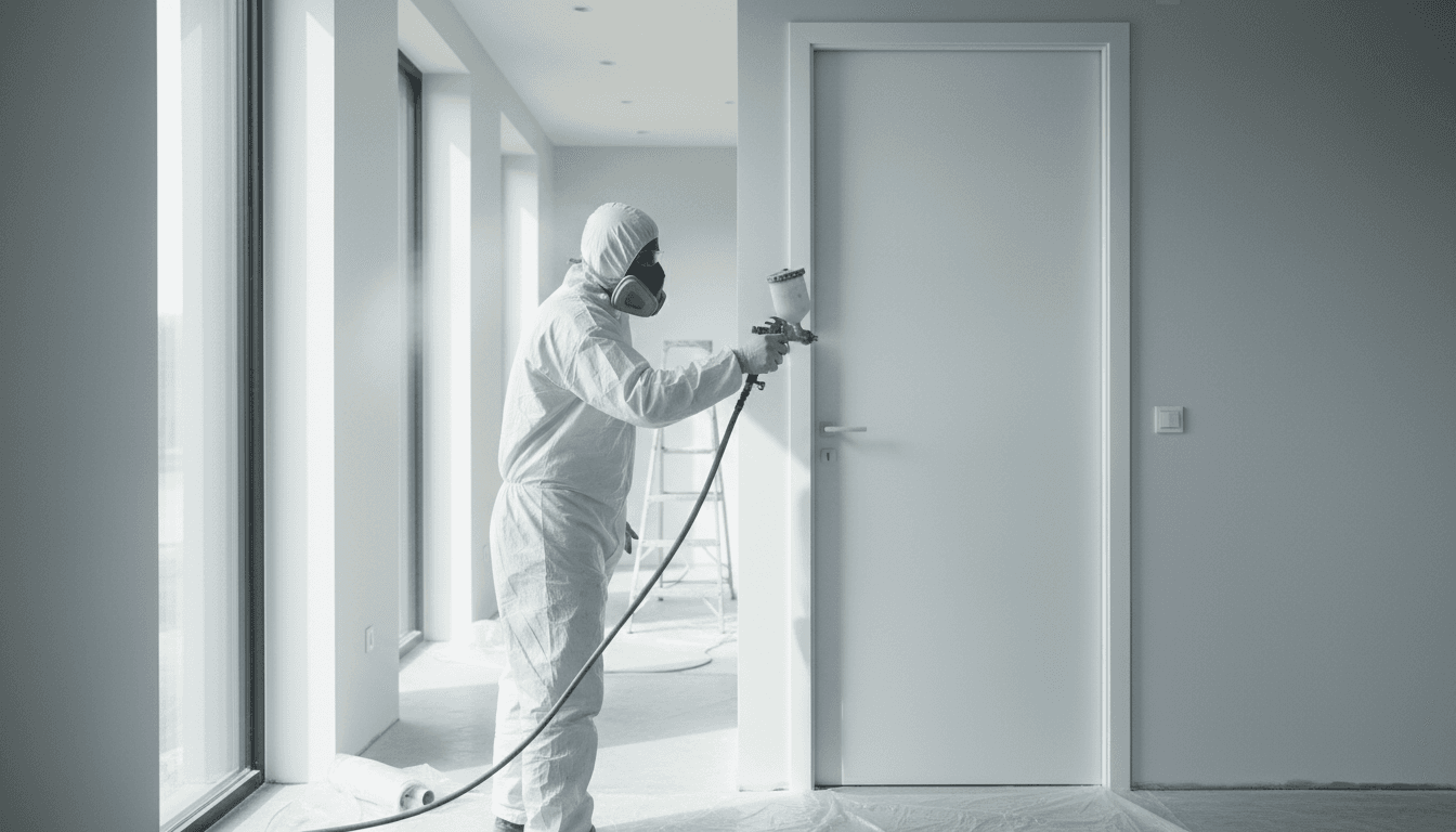 Professional spray painter in a protective suit using a paint sprayer on a door in a bright, modern home