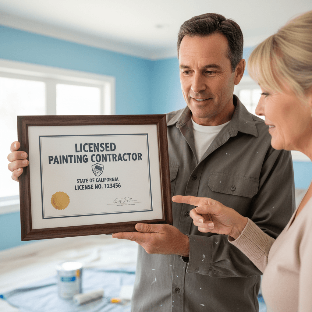 Contractor showing a painting license certificate to a homeowner