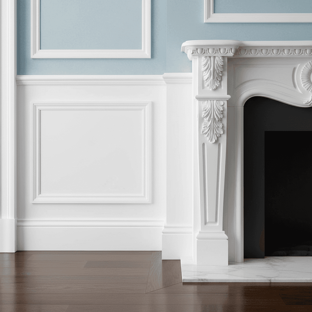Close-up of fresh white crown molding against a wall