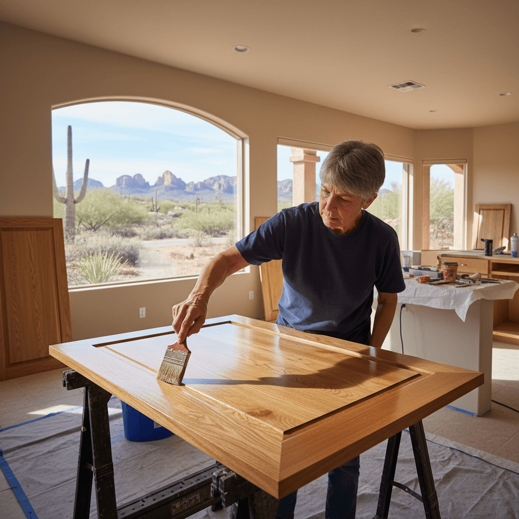 Painter applying finish to a cabinet door