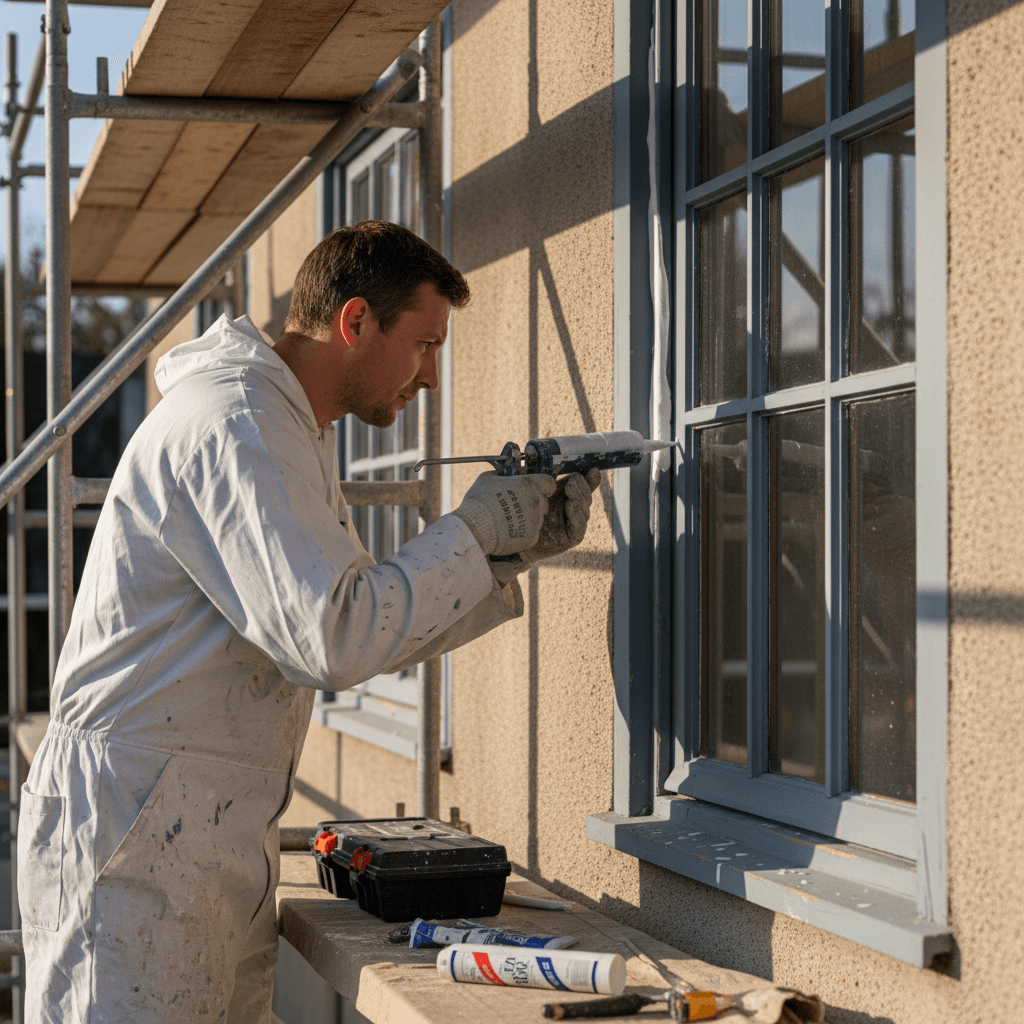 Painter applying caulk sealant to exterior window frame crack