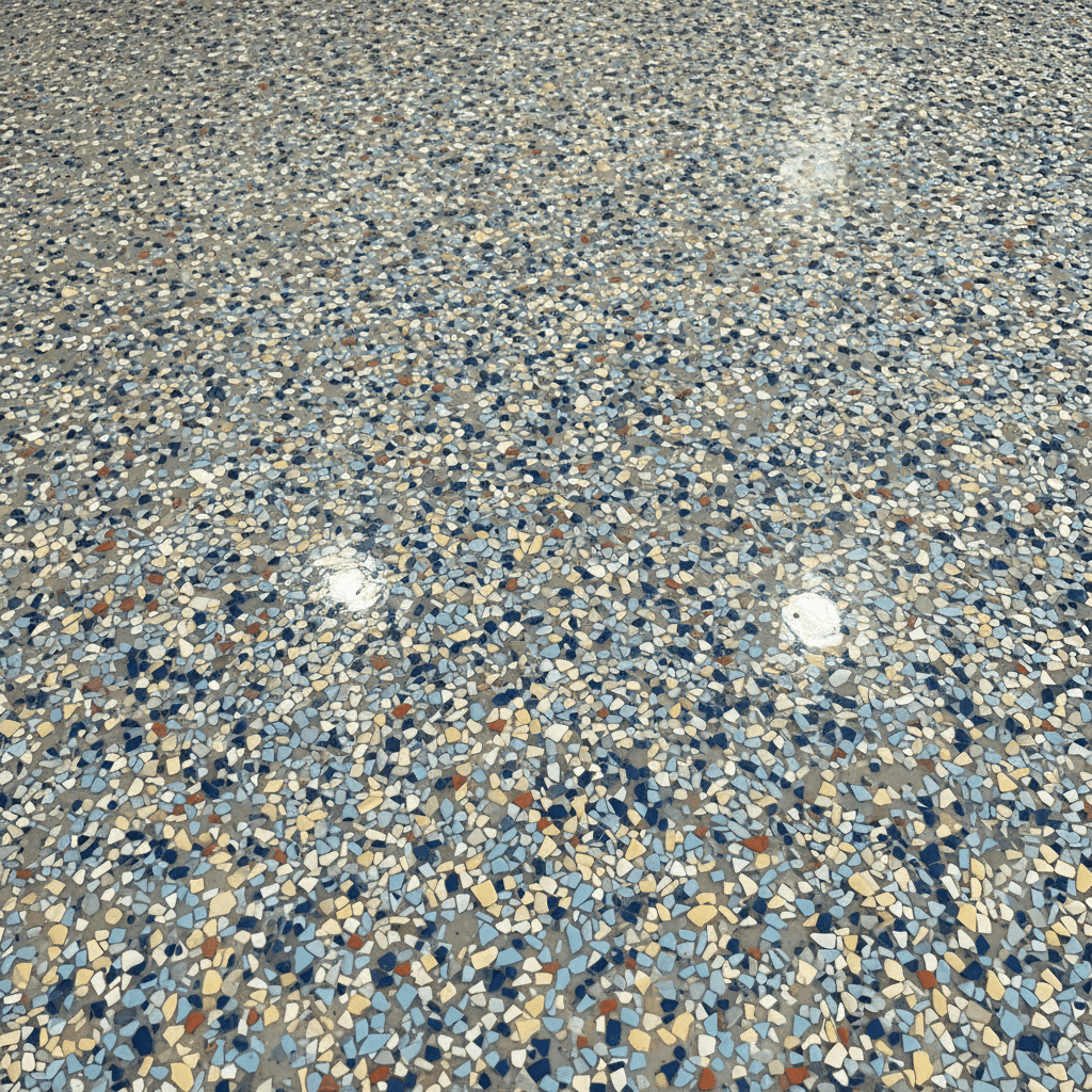 Decorative flecks being scattered over freshly applied epoxy garage floor