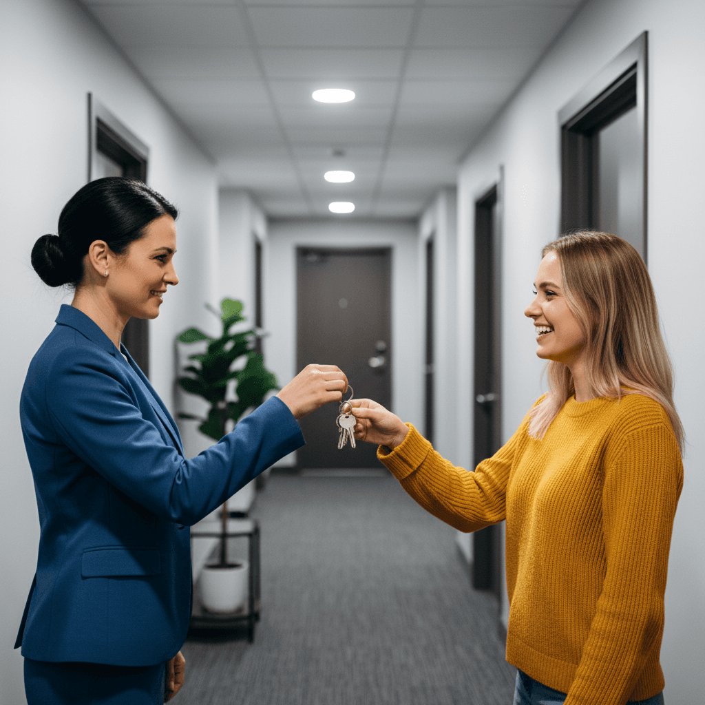 Property manager handing keys to smiling tenant in apartment hallway