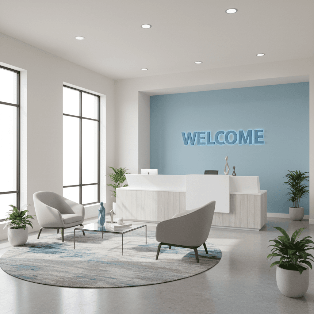 Bright modern office lobby with freshly painted walls and welcoming reception area