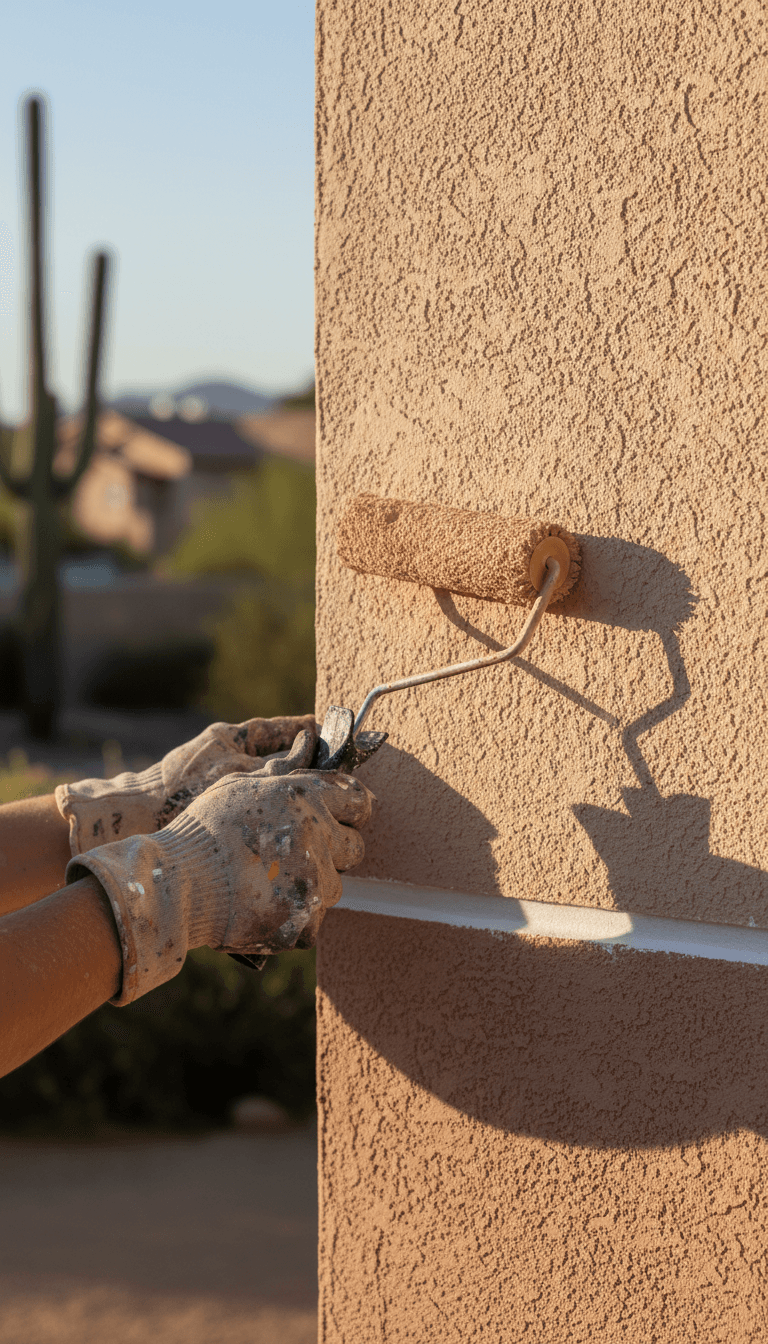 Painter applying a smooth coat of paint to a stucco wall with a roller