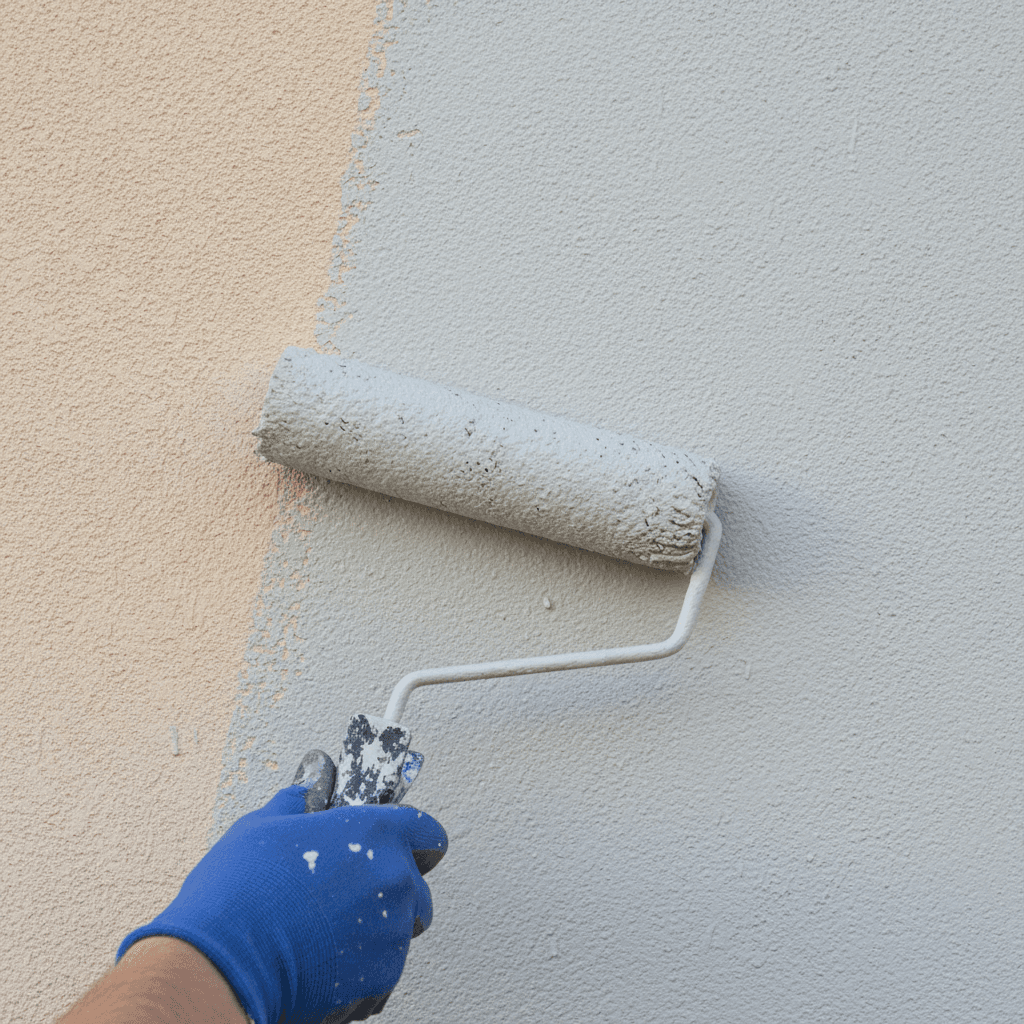 Close-up of a paint roller applying a smooth coat on an exterior wall