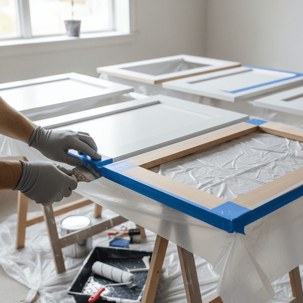 Painter applying masking tape to cabinet edges before priming