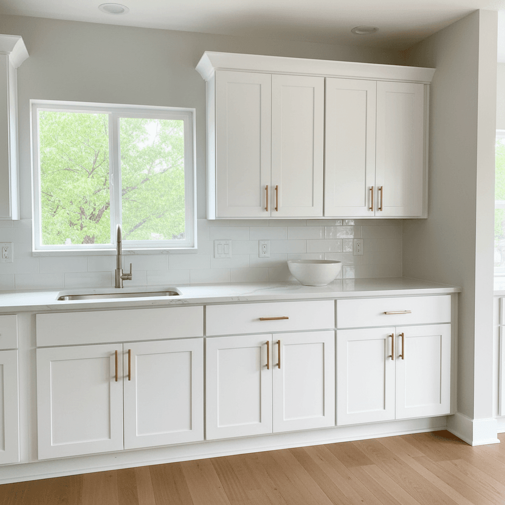 Freshly painted white kitchen cabinets with clean lines and modern hardware