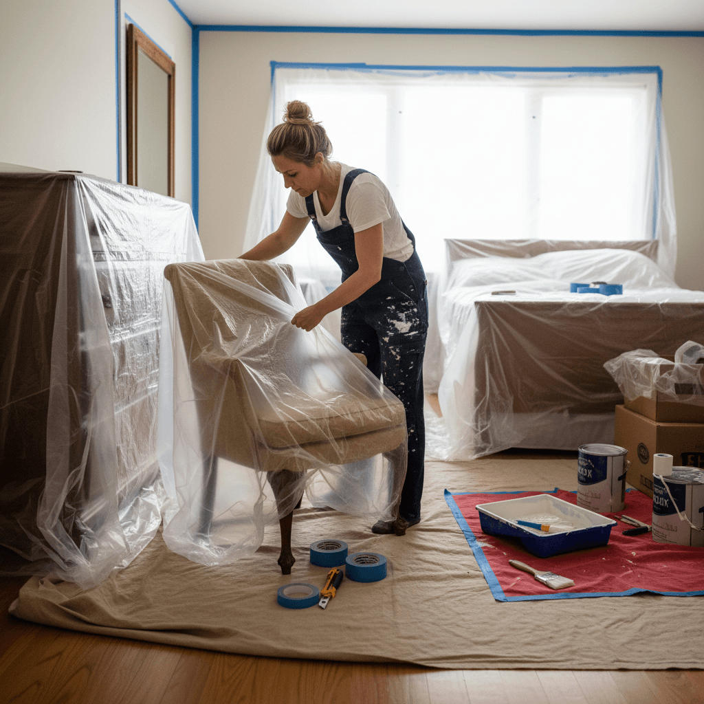 Painter covering furniture with drop cloths and plastic sheeting