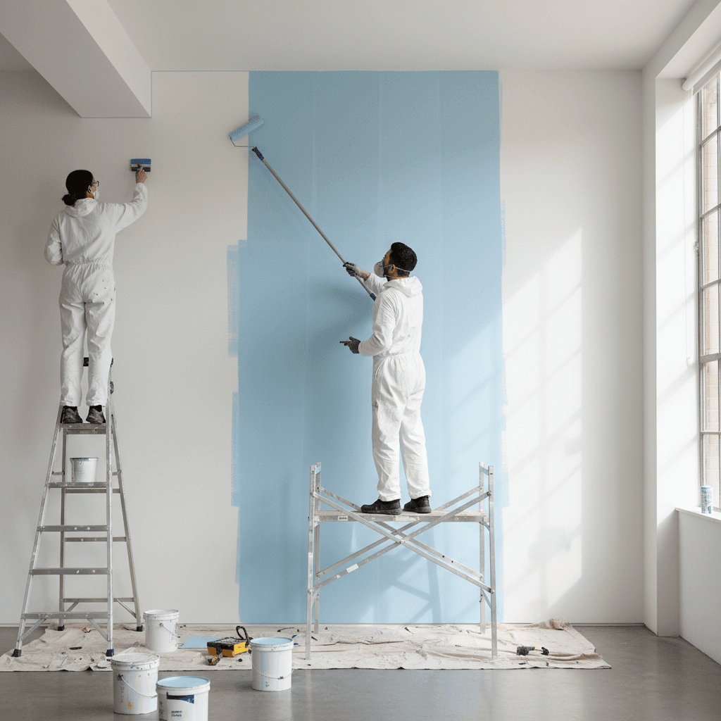 Painting crew working in coordination on interior walls