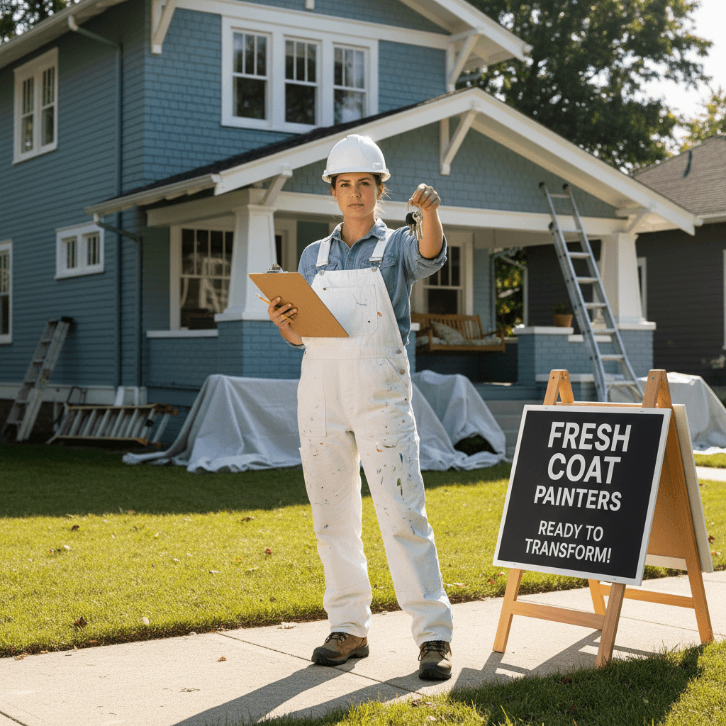 Professional painter holding house keys and a clipboard in front of a home