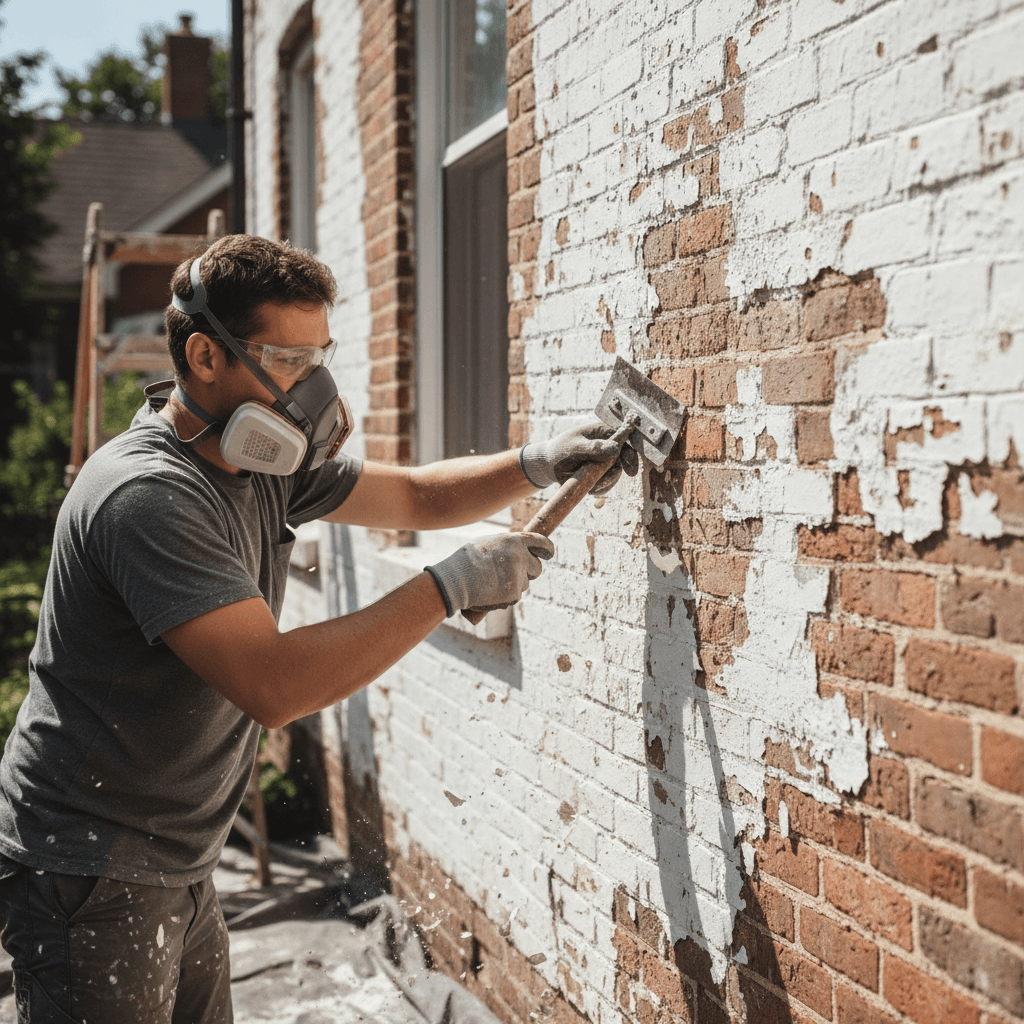 Scraping loose paint off an exterior brick wall before repainting