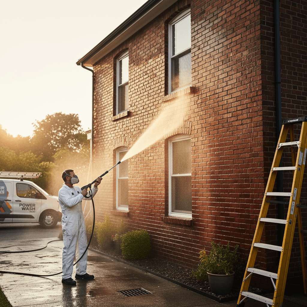Power washing the exterior brick wall of a house before painting