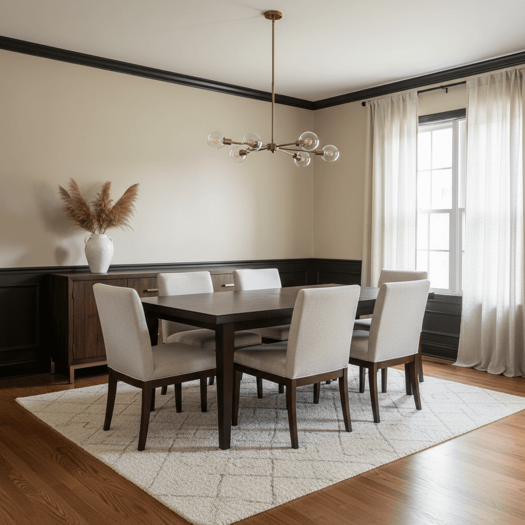 Completed dining room with beige walls and dark trim