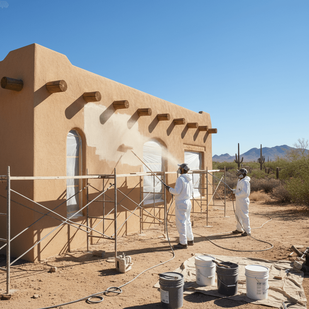 Workers painting the stucco exterior of a house in sunny desert weather