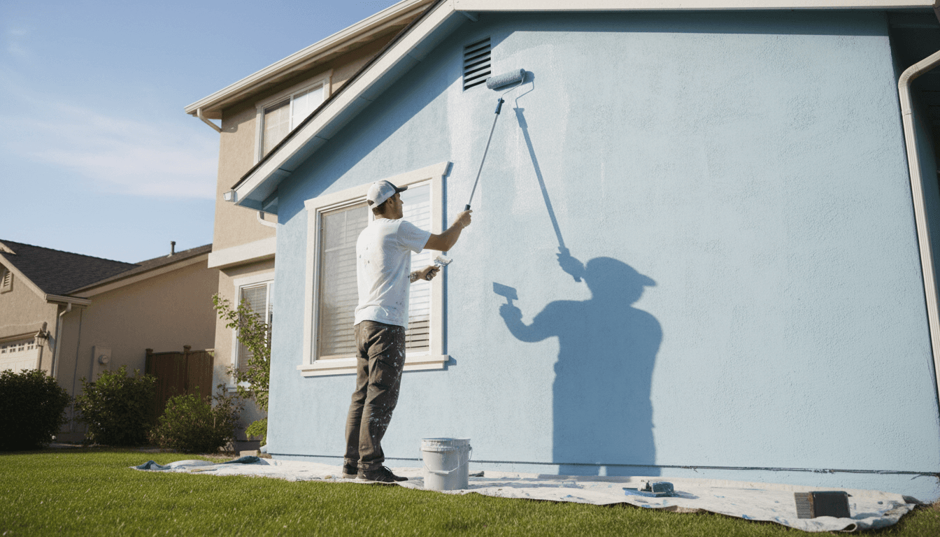Professional painter applying paint to an exterior house wall