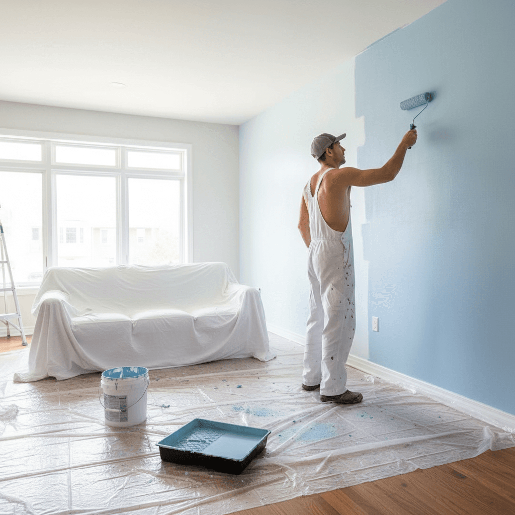 Painter applying paint with a roller on an interior wall