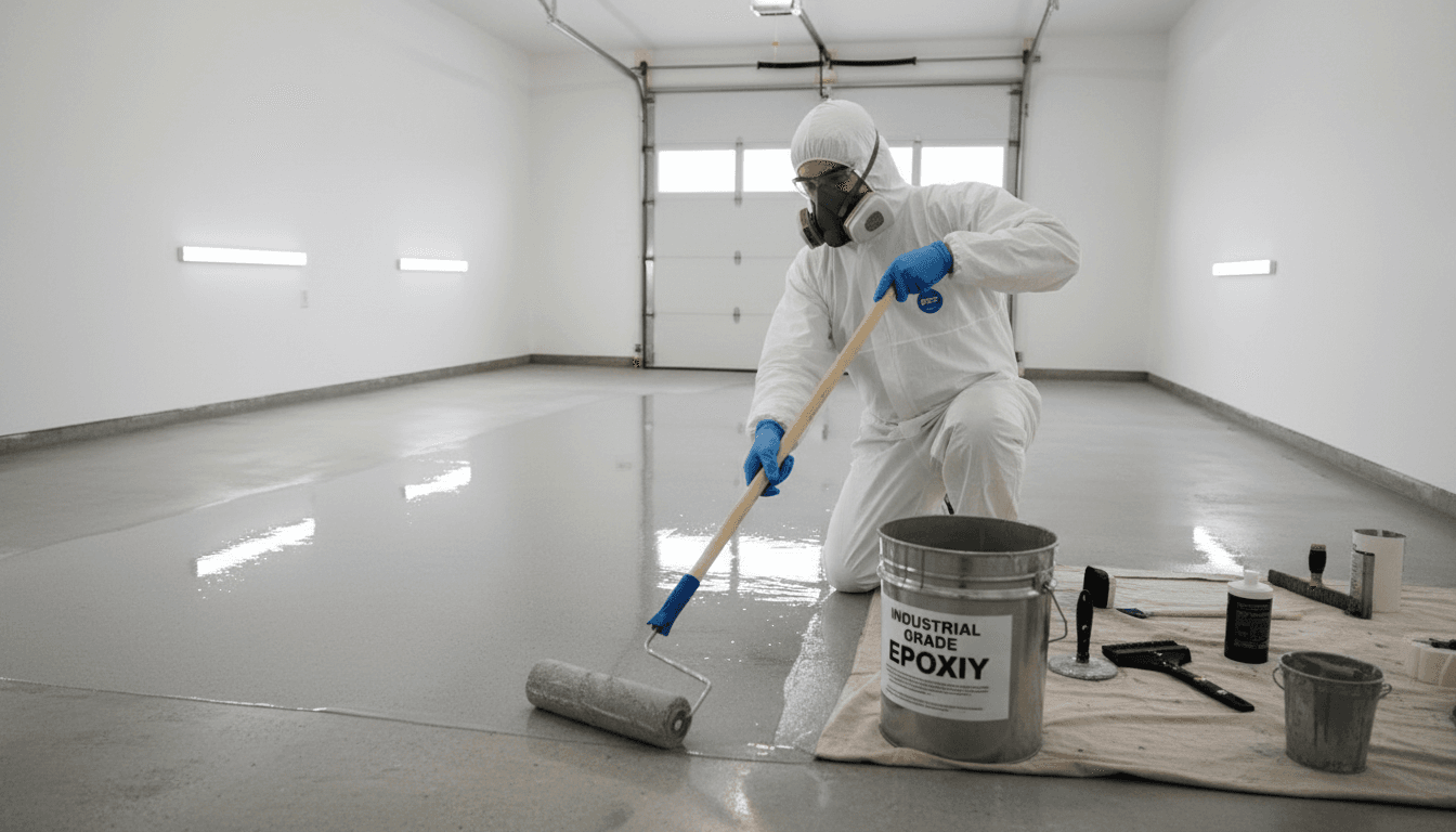 Worker rolling glossy epoxy coating onto a concrete garage floor
