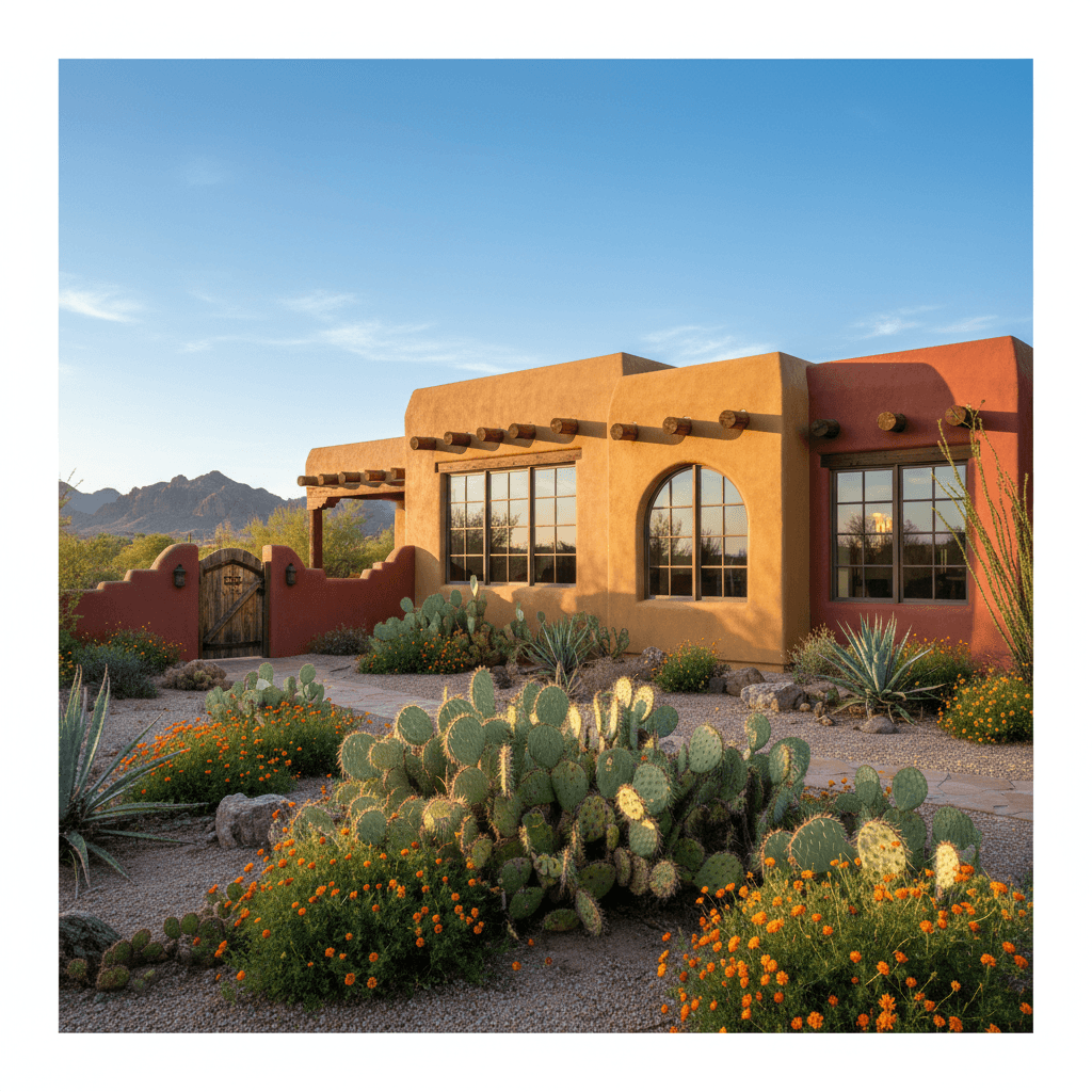 Sunlit painted house exterior with desert landscaping