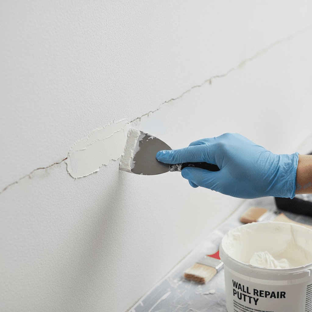 Painter applying putty to a wall crack before painting