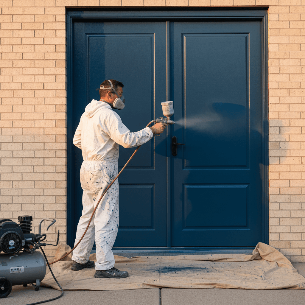 Professional painter spraying an exterior door with protective drop cloths