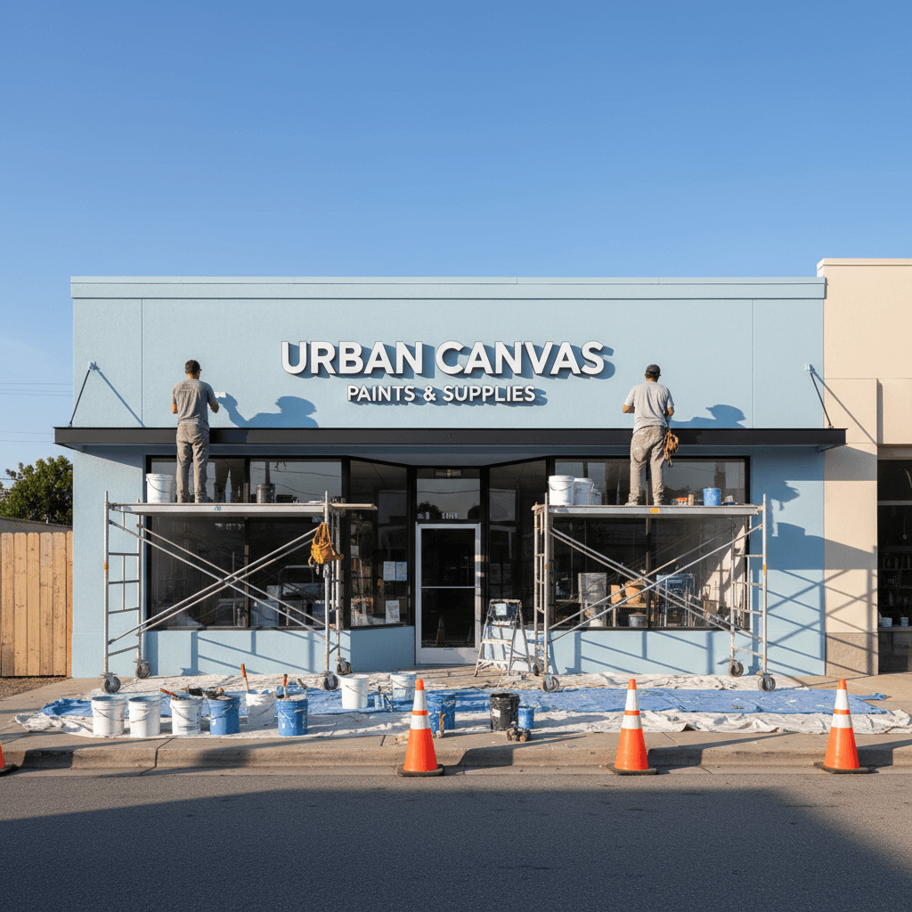 Painters on scaffolding painting a commercial storefront exterior