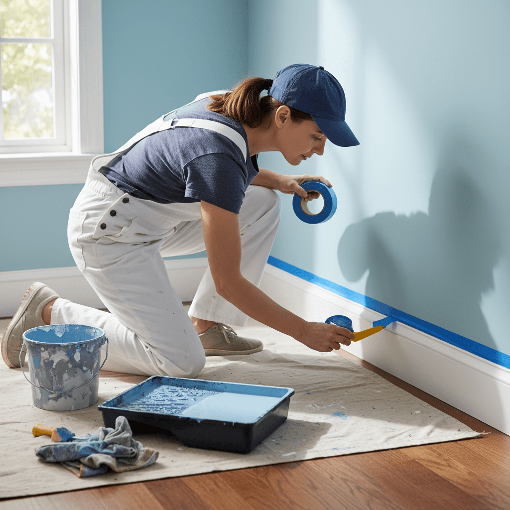 Painter applying tape along window trim before painting