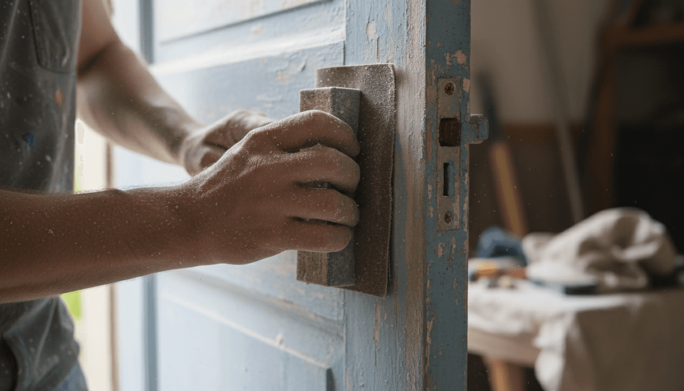 Painter sanding an exterior door edge before applying a fresh coat of paint