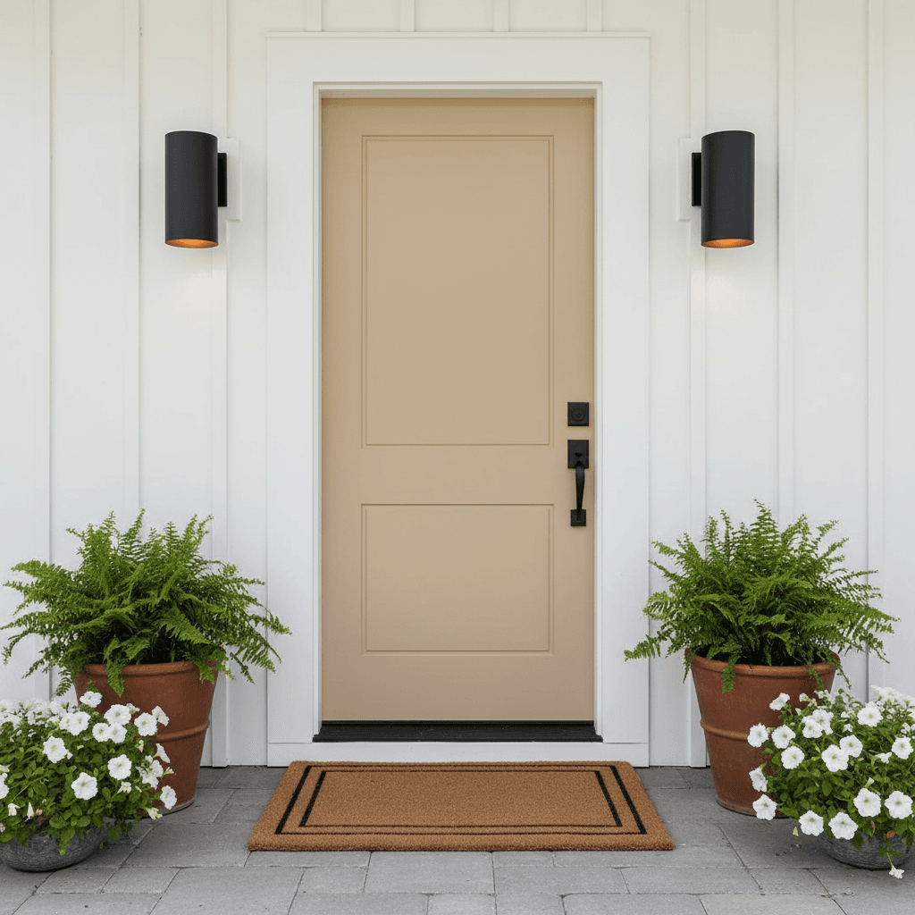 Freshly painted beige front door with black hardware