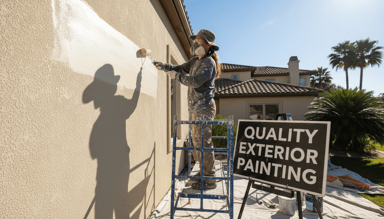 Professional painter applying exterior paint to a home's stucco wall