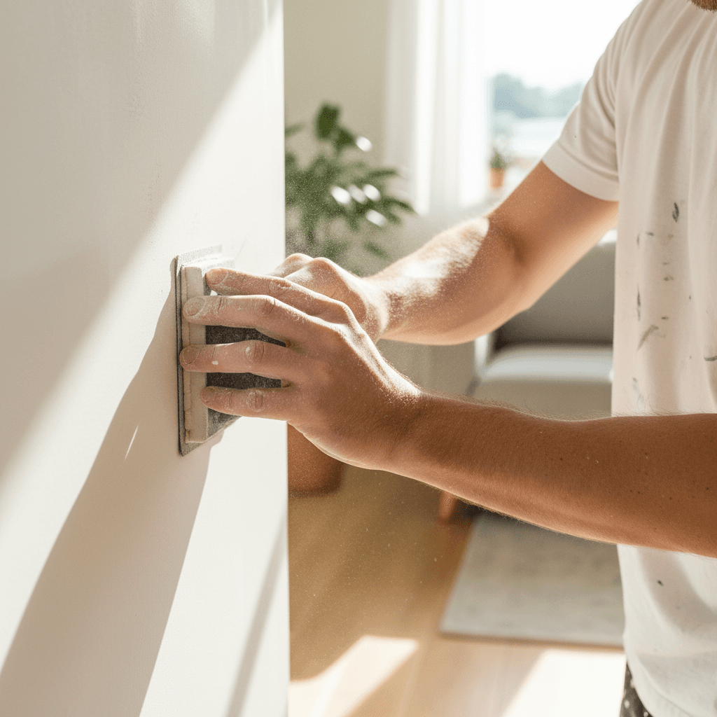 Close-up of a painter's hands sanding a wall patch in a bright room