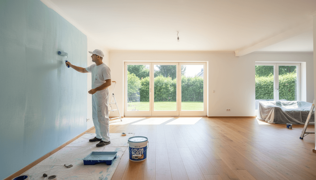 Professional painter applying paint to an interior wall in a bright, modern living room