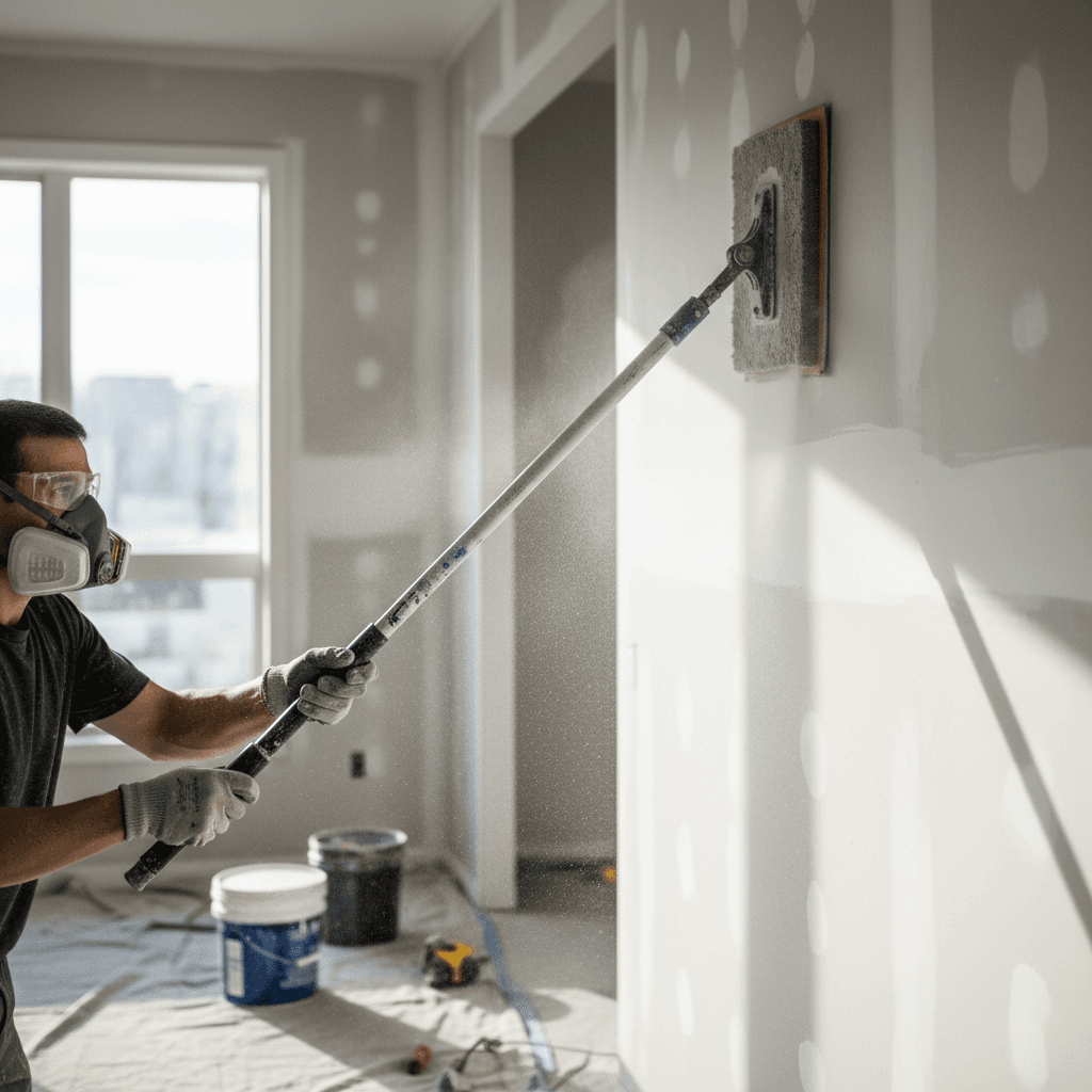 Close-up of painter sanding drywall before painting