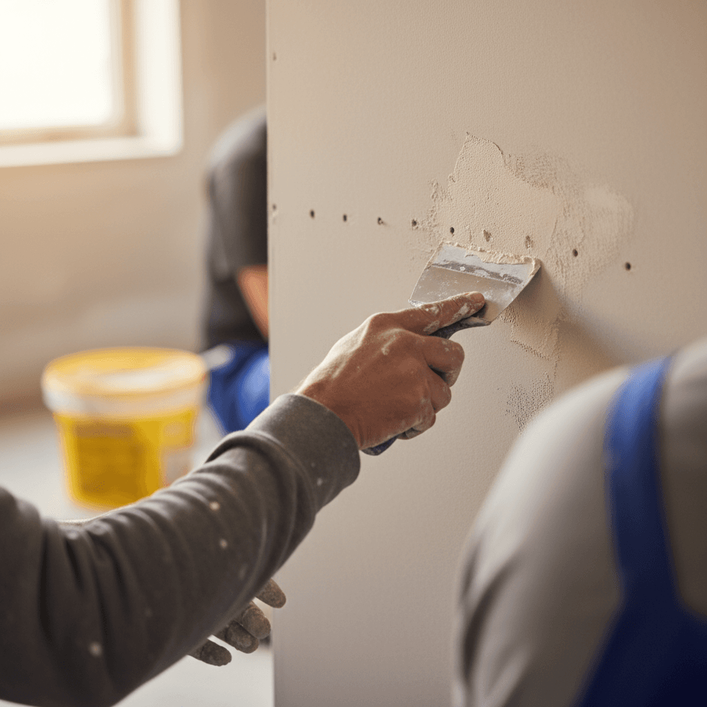 Painter filling nail holes and imperfections before painting