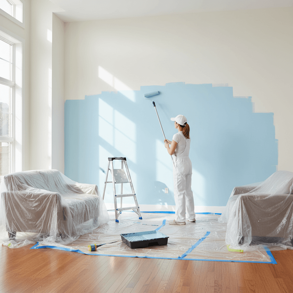 Professional painter using a roller on a living room wall with clean trim